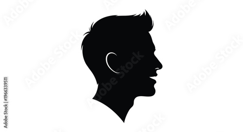 Black and white vector graphic illustration silhouette portrait of a young man smiling profile