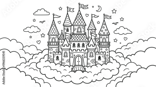 Fantasy castle in the clouds drawing.