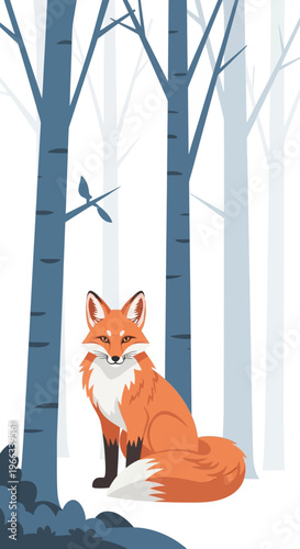 Cute Fox Sitting in Snowy Forest, Winter Woodland Animal Illustration