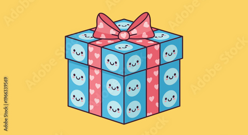 Cute Gift Box with Happy Faces and Hearts, Present, Surprise