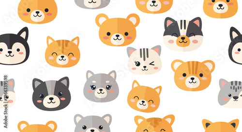 Cute Kawaii Animal Faces Pattern, Cartoon Pets, Baby Animals, Vector Illustration