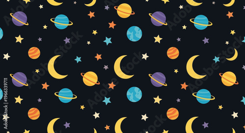 Cute Space Pattern: Planets, Moon, Stars on Dark Background