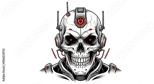 Cybernetic Skull with Glowing Red Eyes and Antennas - Futuristic Robot Head