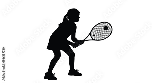 Silhouette vector graphic illustration of a young girl preparing to strike a tennis ball with a racket