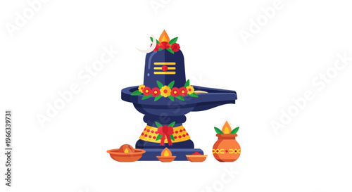 Decorated Shiva Lingam with offerings, traditional Hindu worship and spirituality