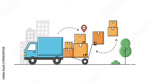 Delivery truck loading boxes on hand truck, logistics and shipping concept