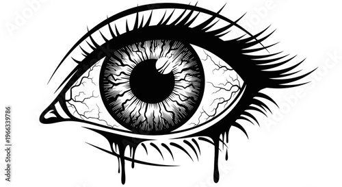 Distressed Eye with Bloodshot Veins and Dripping Liquid - Black and White Illustration
