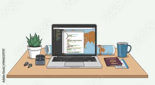 Digital Nomad Laptop Setup with Passport and Coffee, World Map Background