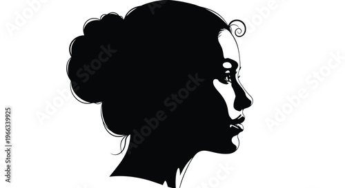 Striking black and white vector illustration portrait of a woman in profile with an elegant updo hairstyle