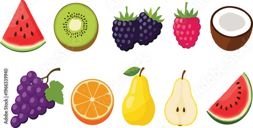 Fresh fruit collection with watermelon, kiwi, coconut, grapes, orange and pear colorful flat vector illustration set
