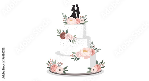 Elegant Three-Tier Wedding Cake with Floral Decorations and Couple Silhouette