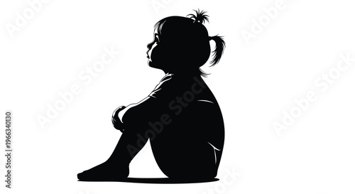 Black silhouette vector illustration of a small child sitting quietly looking upwards against a white background