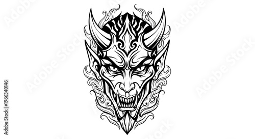 Evil demonic face illustration, sharp teeth, horns, aggressive expression, black and white