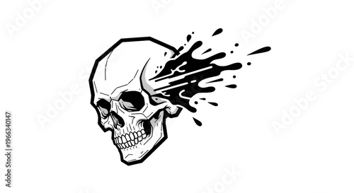 Exploding Skull Graphic - Black Ink Splatter, White Background, Horror Art