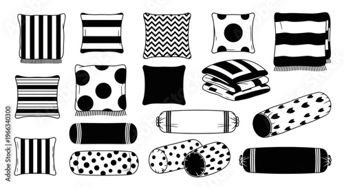 Collection of Decorative Pillows and Cushions in Black and White.