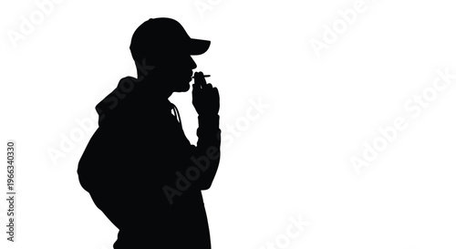 Silhouette vector illustration of a young man wearing a cap and hoodie smoking a cigarette