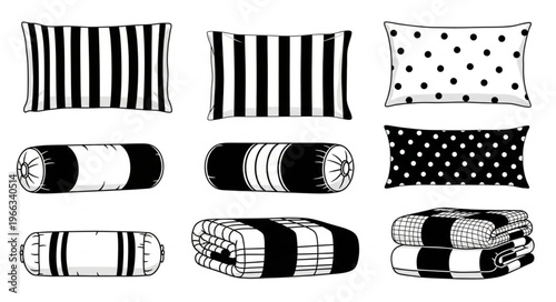 Assorted Decorative Pillows - Striped, Polka Dot, and Bolster Styles.