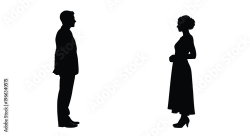 Simple black and white vector illustration silhouette of a formal man and woman standing apart