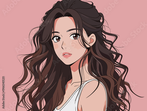 Young woman with long hair against a pink background looks at the viewer while wearing a simple top in an animated style