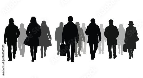 Vector graphic illustration of diverse commuters walking forward in dark silhouette against white background