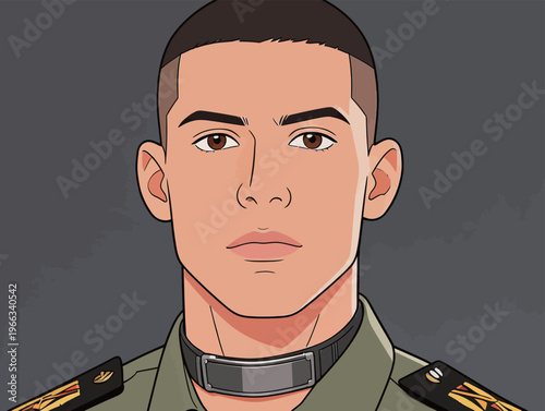 Young soldier in uniform poses against a simple background with a focused expression on his face and a direct gaze at the viewer