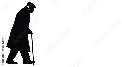 Black silhouette vector illustration of an old man with a cap and a cane walking forward.