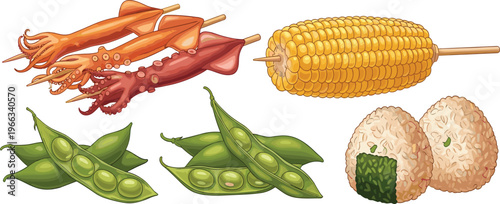 Grilled seafood and street food collection with squid skewers, corn, peas and rice balls vector illustration set