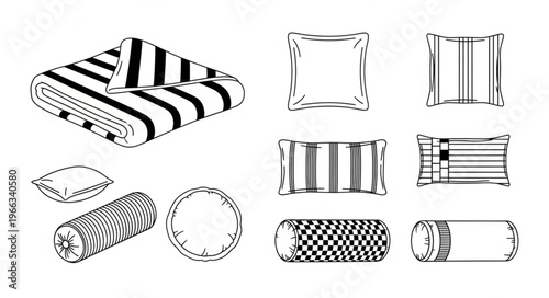 Assorted Decorative Pillows and a Folded Blanket with Striped Pattern.
