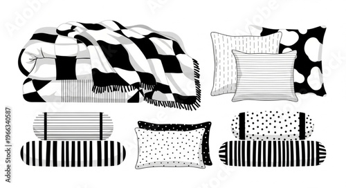 Black and White Bedding Set with Geometric Patterns.