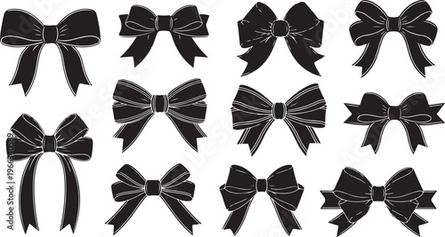 Collection of black bows with white details isolated
