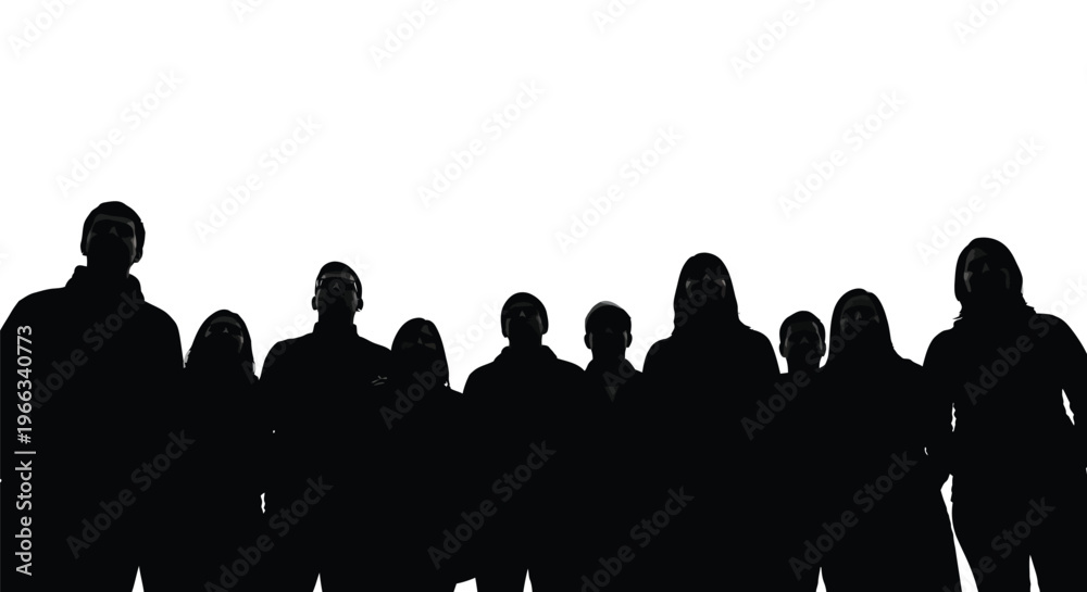 Obraz premium Silhouette vector graphic illustration of a diverse group of people standing together against bright white background