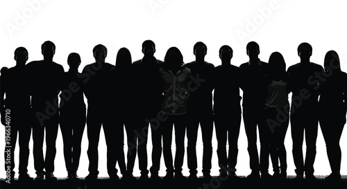 Silhouette vector graphic illustration of a diverse group of people standing together in unity against white