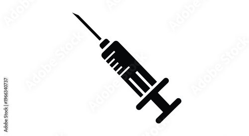 Simple black and white vector graphic illustration depicting a medical syringe with a sharp needle pointing diagonally upward against a white background.