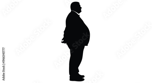 Black silhouette vector graphic illustration of an overweight businessman standing in profile view