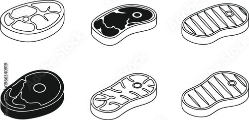 Meat, steak, icons, set, beef, brisket, grilled, barbecue, vector, silhouette, outline, food, symbols, butchery, menu, elements, restaurant, kitchen, design, isometric.