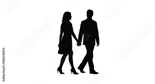 Black silhouette vector illustration of a formally dressed couple walking together and holding hands side view