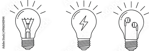 Creative light bulb icon set, traditional filament, lightning bolt, wireless headphones symbols, innovative ideas, music energy, podcasting concepts, vector illustration, minimalism.