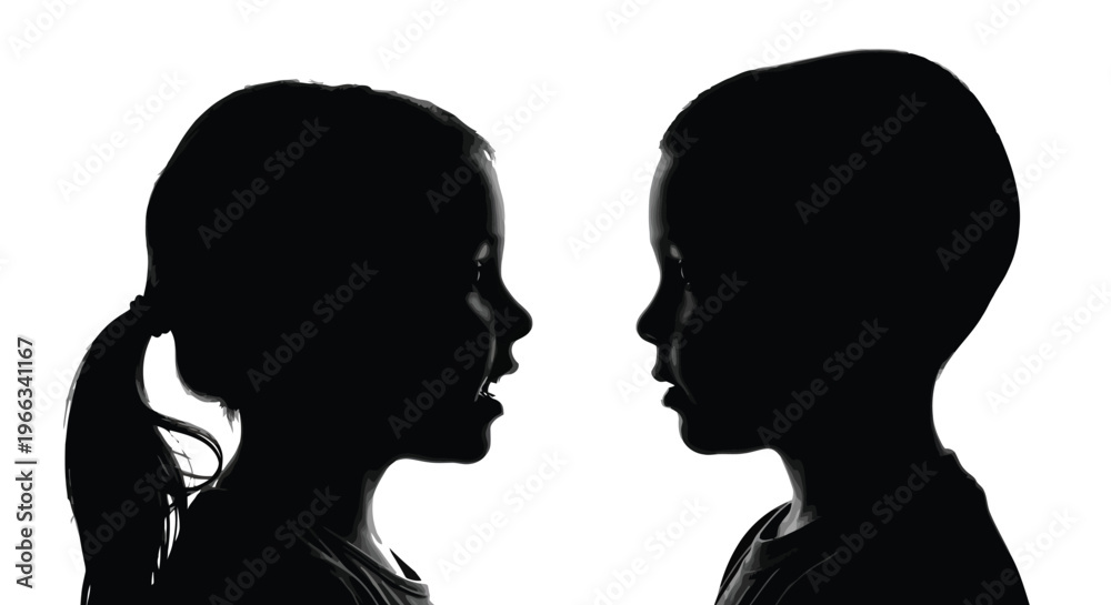 Fototapeta premium Stylized vector graphic illustrating two distinct children's profiles silhouetted, engaged in an expressive interaction.