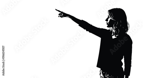 Black and white vector illustration showing a woman pointing her finger with copy space.
