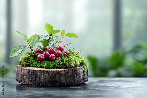 Fresh red berries on mossy wooden slice with greenery background in bright natural light