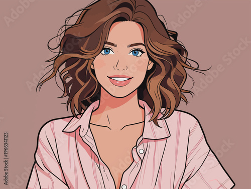 Young woman with wavy hair and blue eyes smiles while wearing a button-up shirt on a plain background