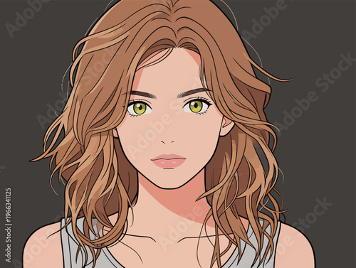 Young woman with long hair and bright green eyes looking directly at the viewer against a dark background