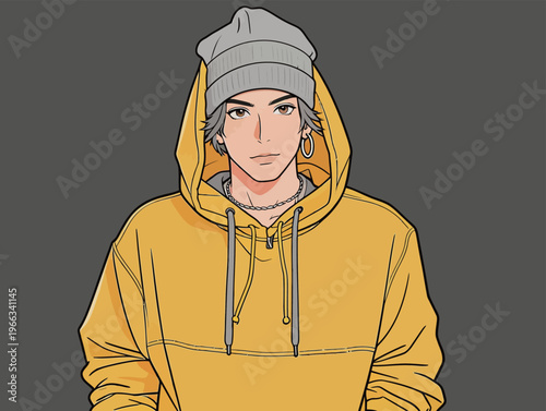 Young person in a yellow hoodie and grey beanie standing in front of a plain background looking at the viewer