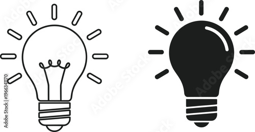 Minimalist black and white lightbulb icons representing creative ideas innovation business solutions bright inspiration vision intelligence symbol vector isolated graphic set,