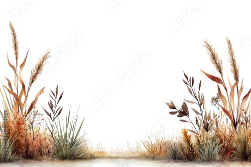 Serene Watercolor Illustration of Autumn Grass and Leaves on a White Background