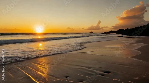 Golden Tropical Beach Sunset with Gentle Ocean Waves and Reflective Sand Cinematic Calm Nature Background