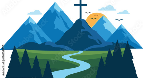 Mountain landscape with cross on hill, river, sunrise and forest scenic nature vector illustration background