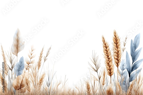 Serene Watercolor Background with Wheat and Greenery for Elegant Design Projects