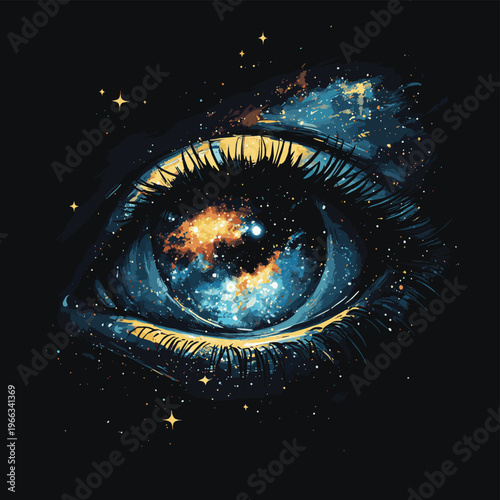 Illustration of a single eye with galaxies and stars inside the pupil, on a black canvas , vector style simple color