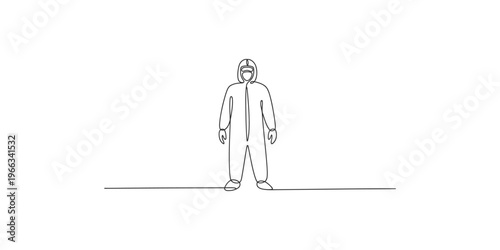 Continuous line drawing of a person wearing a protective suit and hood